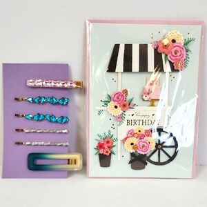 Birthday Card + Sets Of 6x (Six) Decorative Hair Clips Burgoyne KJS Industrie